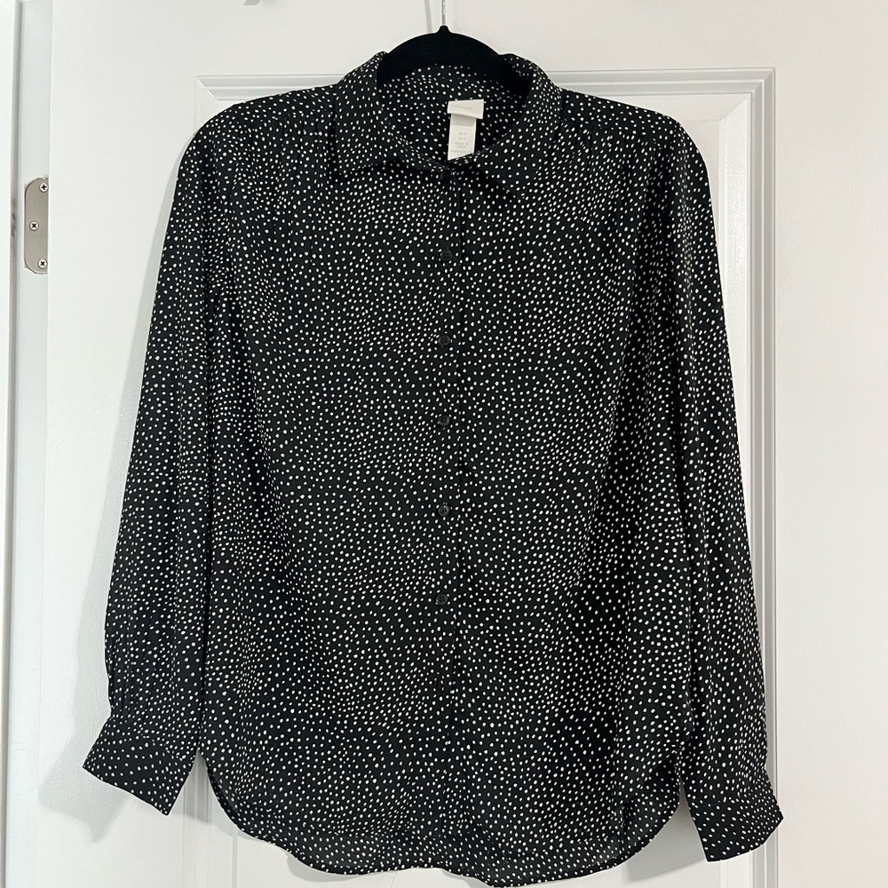 H&M Women's Black Button Up Blouse Long Sleeve Polka Dot Top - Size 4